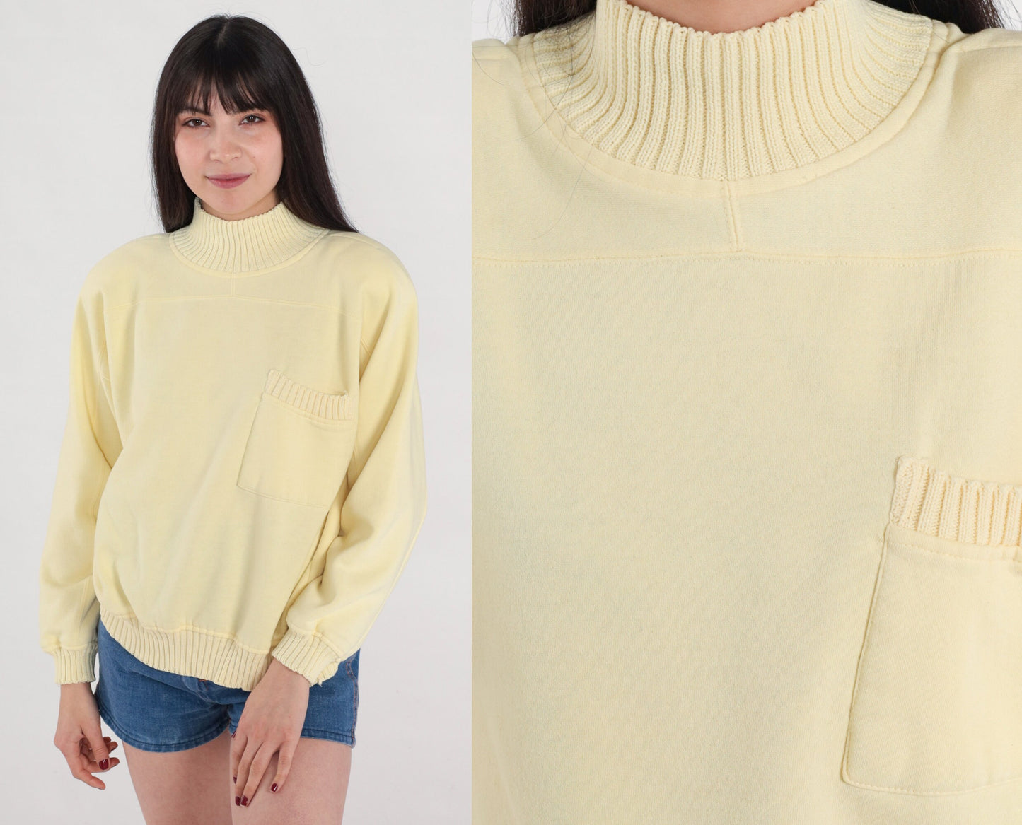 80s Pale Yellow Mockneck Sweatshirt Knit Trim Chest Pocket Medium