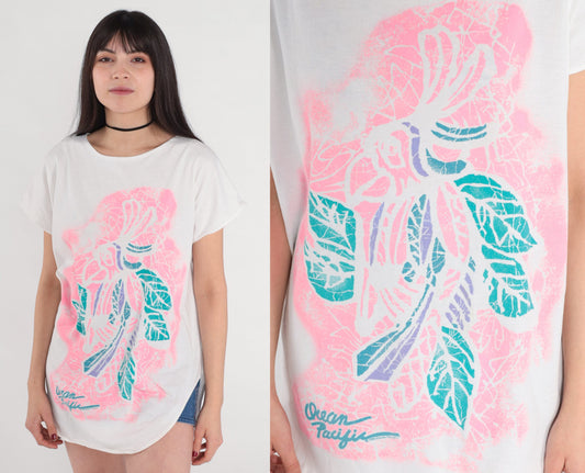 80s Ocean Pacific Tropical Bird T-Shirt Dress White Parrot Graphic Mini Small Medium