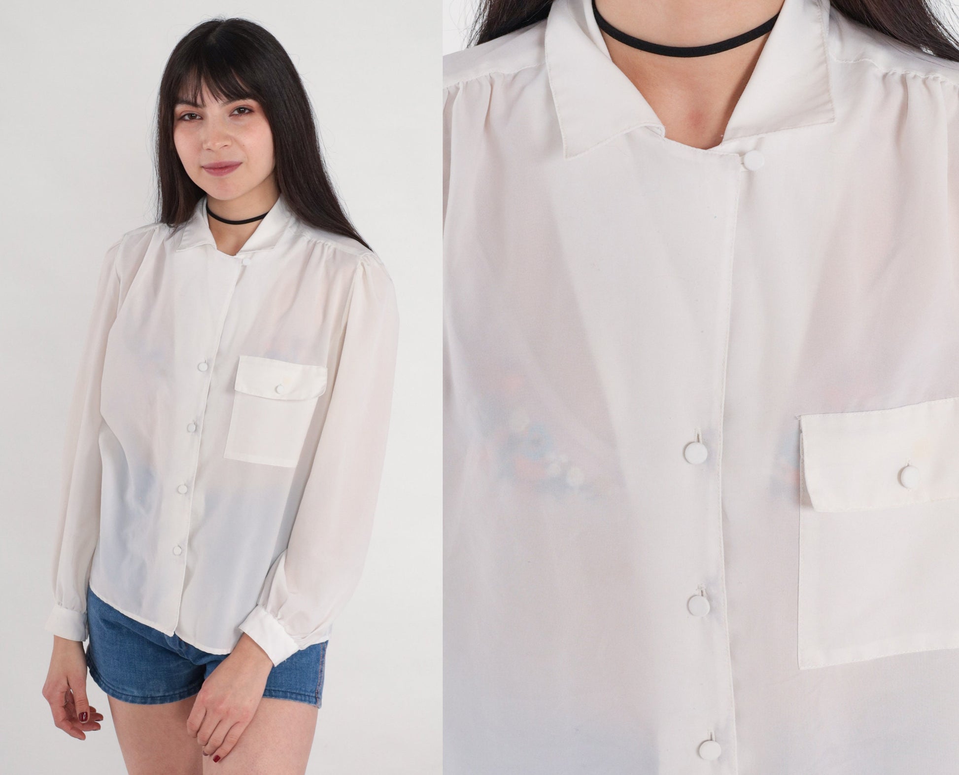 80s White Pleated Blouse Puff Sleeve Collared Button-Up Medium M
