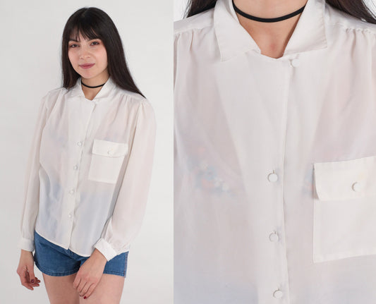 80s White Pleated Blouse Puff Sleeve Collared Button-Up Medium M