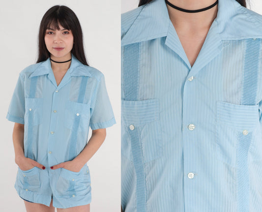 70s Blue Striped Button-Up Shirt Dagger Collar Short Sleeve Men's Small