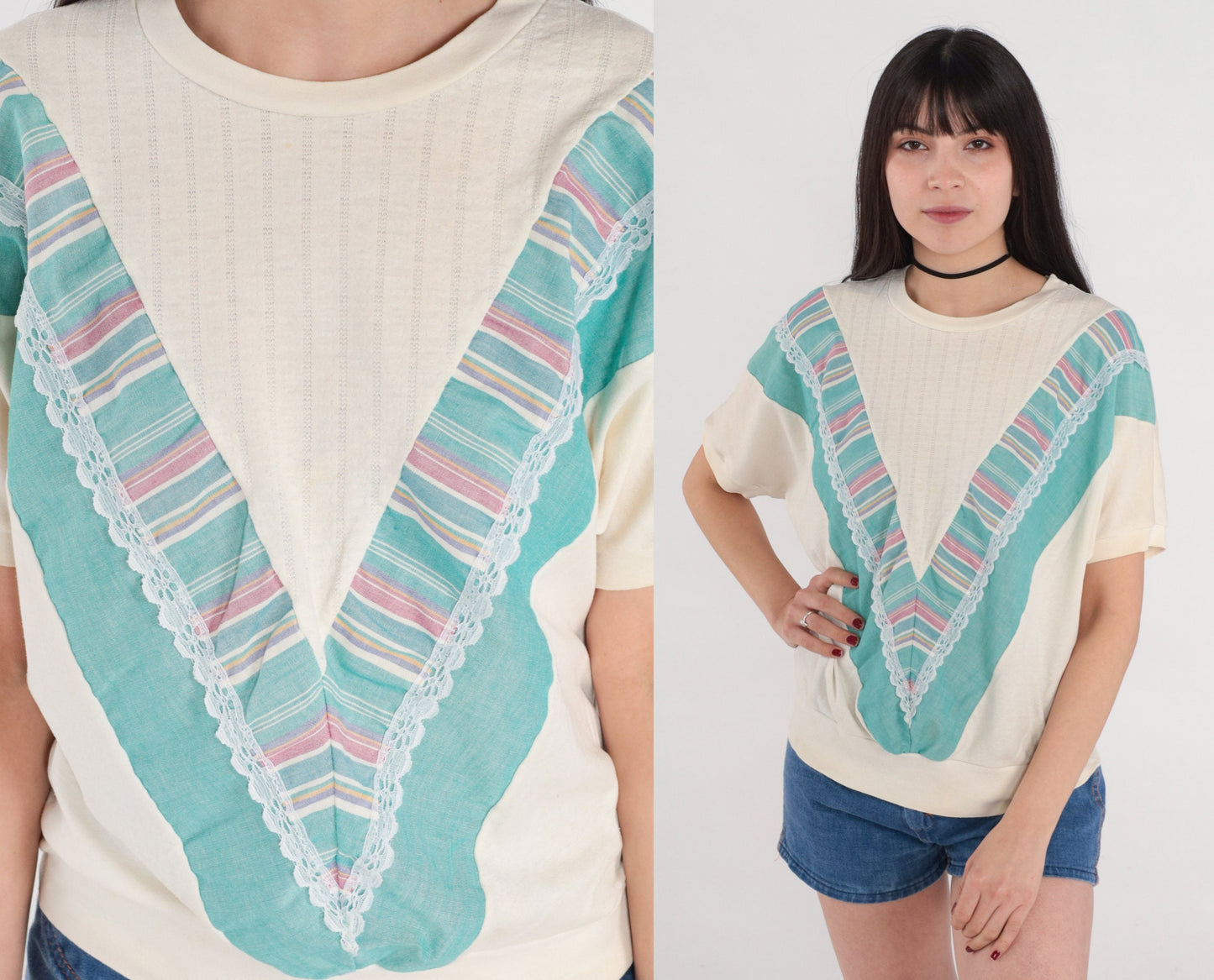 80s Chevron Striped Ribbed T-Shirt Cream Lace Trim Short Sleeve Medium M