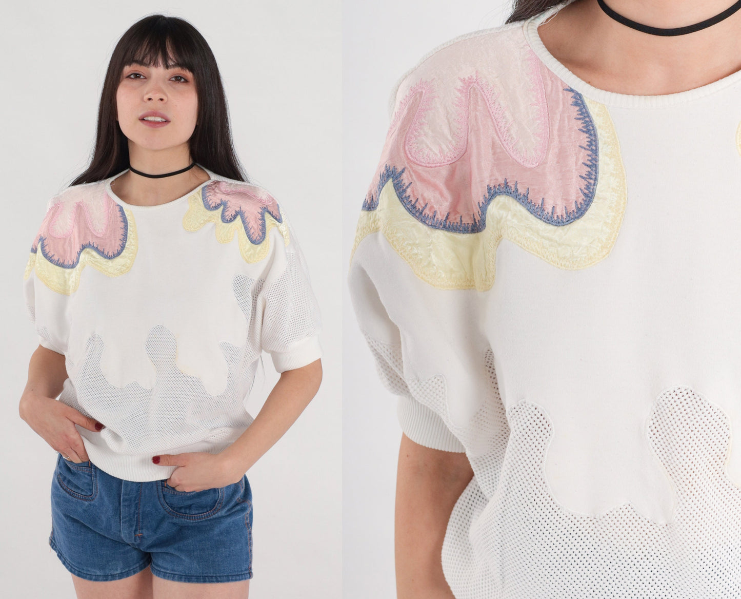 80s White Mesh Floral T-Shirt Pink Yellow Cutout Short Sleeve Medium