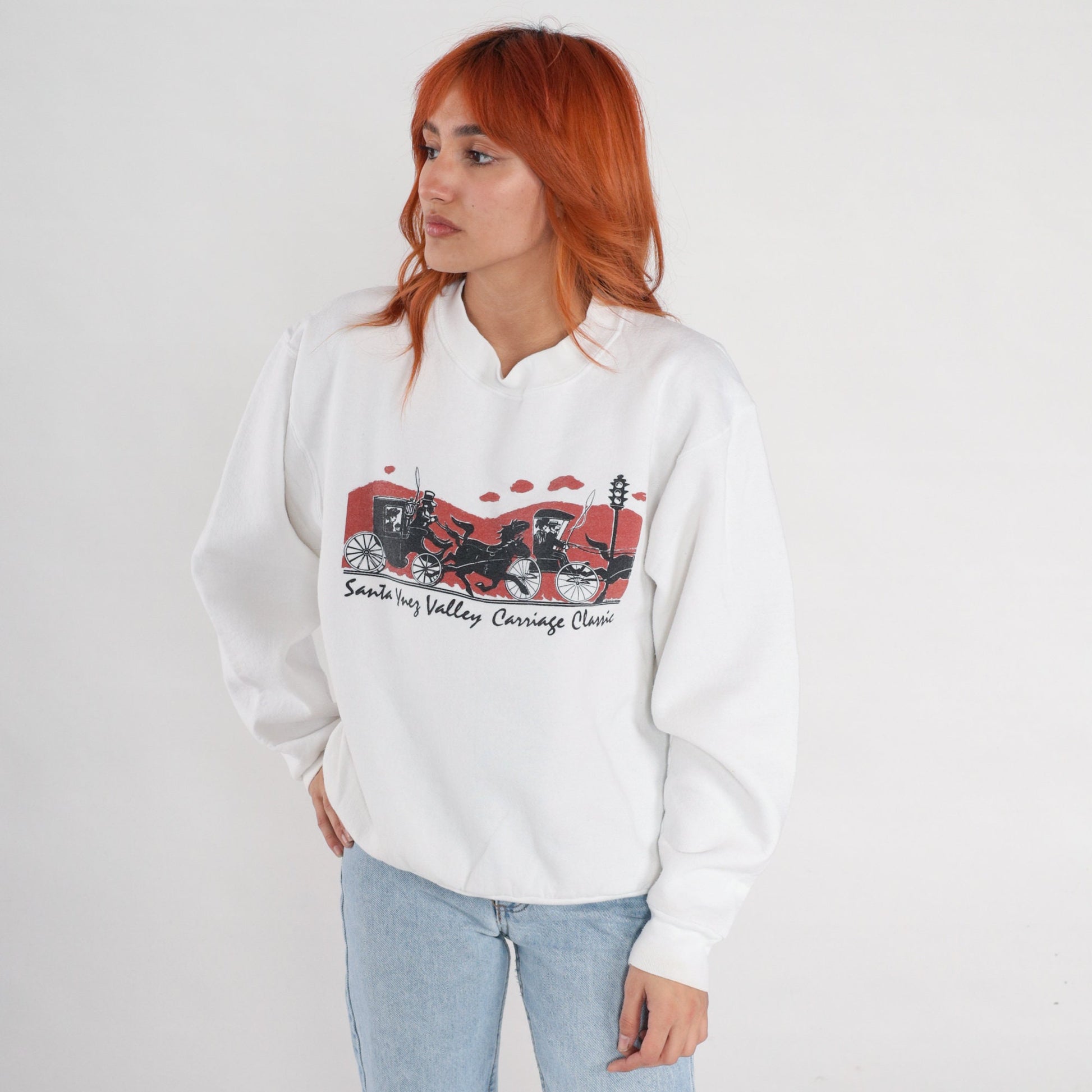 90s Santa Ynez Valley Carriage Classic Sweatshirt White Graphic Pullover Medium Large