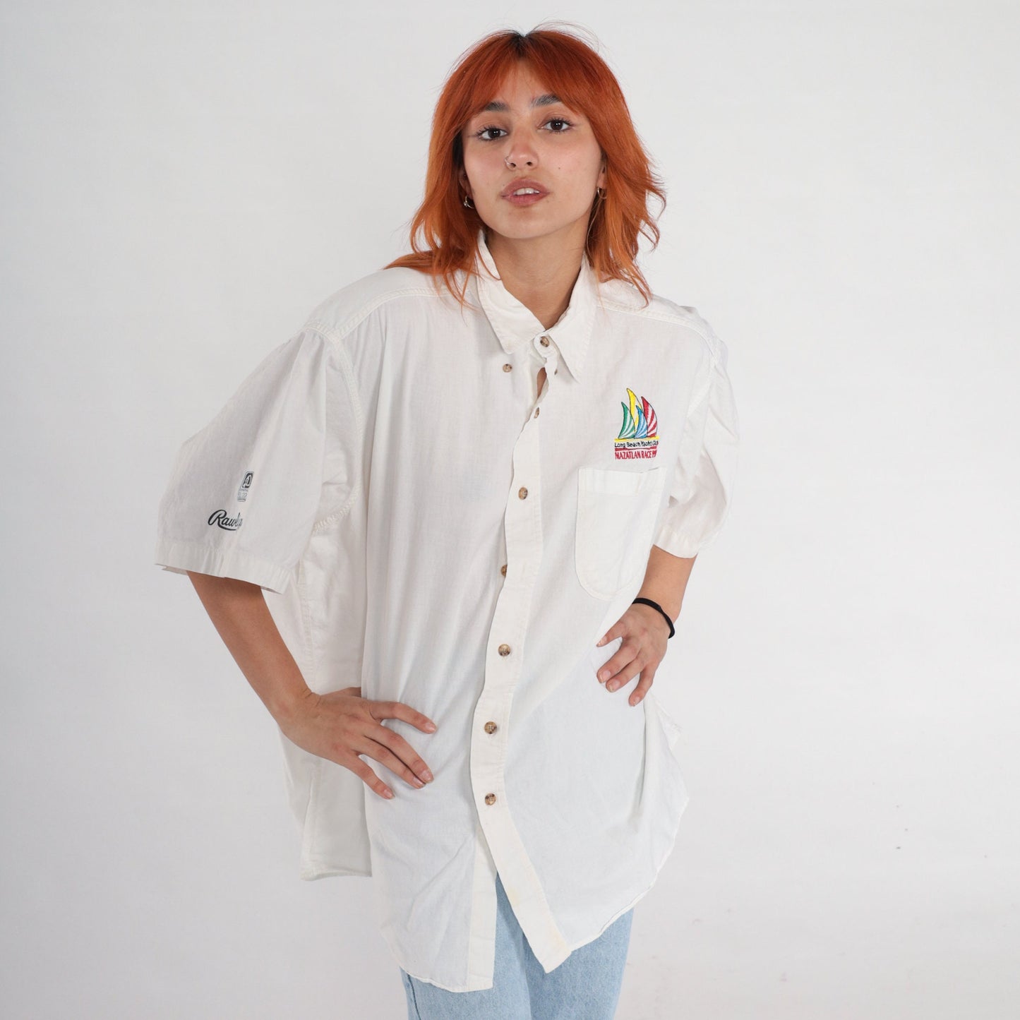 90s Long Beach Yacht Club Mazatlan Race 1997 Sailboat Button-Up Shirt White Extra Large