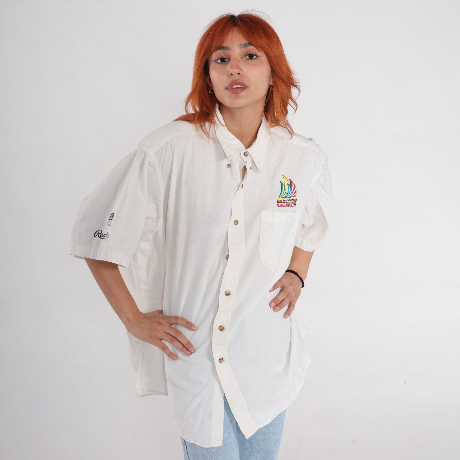90s Long Beach Yacht Club Mazatlan Race 1997 Sailboat Button-Up Shirt White Extra Large