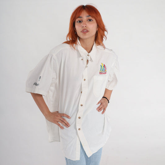 90s Long Beach Yacht Club Mazatlan Race 1997 Sailboat Button-Up Shirt White Extra Large