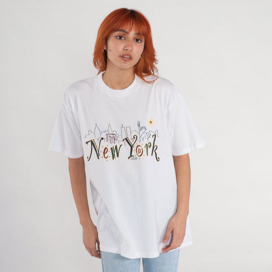 90s New York City Graphic T-Shirt Statue of Liberty Vintage Tee Large L