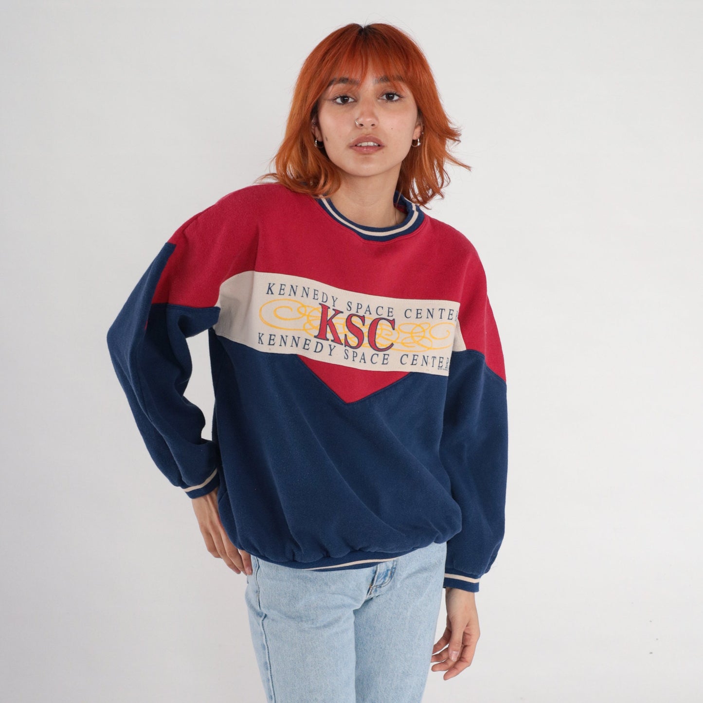 90s Kennedy Space Center Astronaut Graphic Sweatshirt Navy Blue Red Large