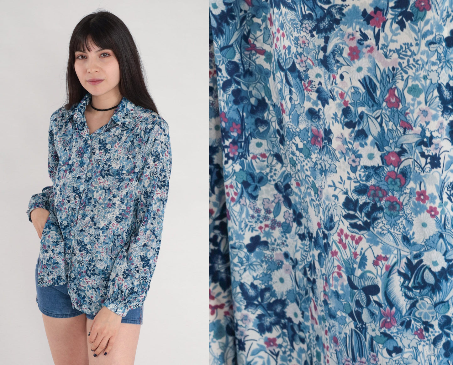70s Blue Floral Button-Up Blouse Long Sleeve Collared Shirt Medium M
