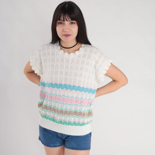 80s White Striped Open Weave Knit Top Scalloped Short Sleeve Medium