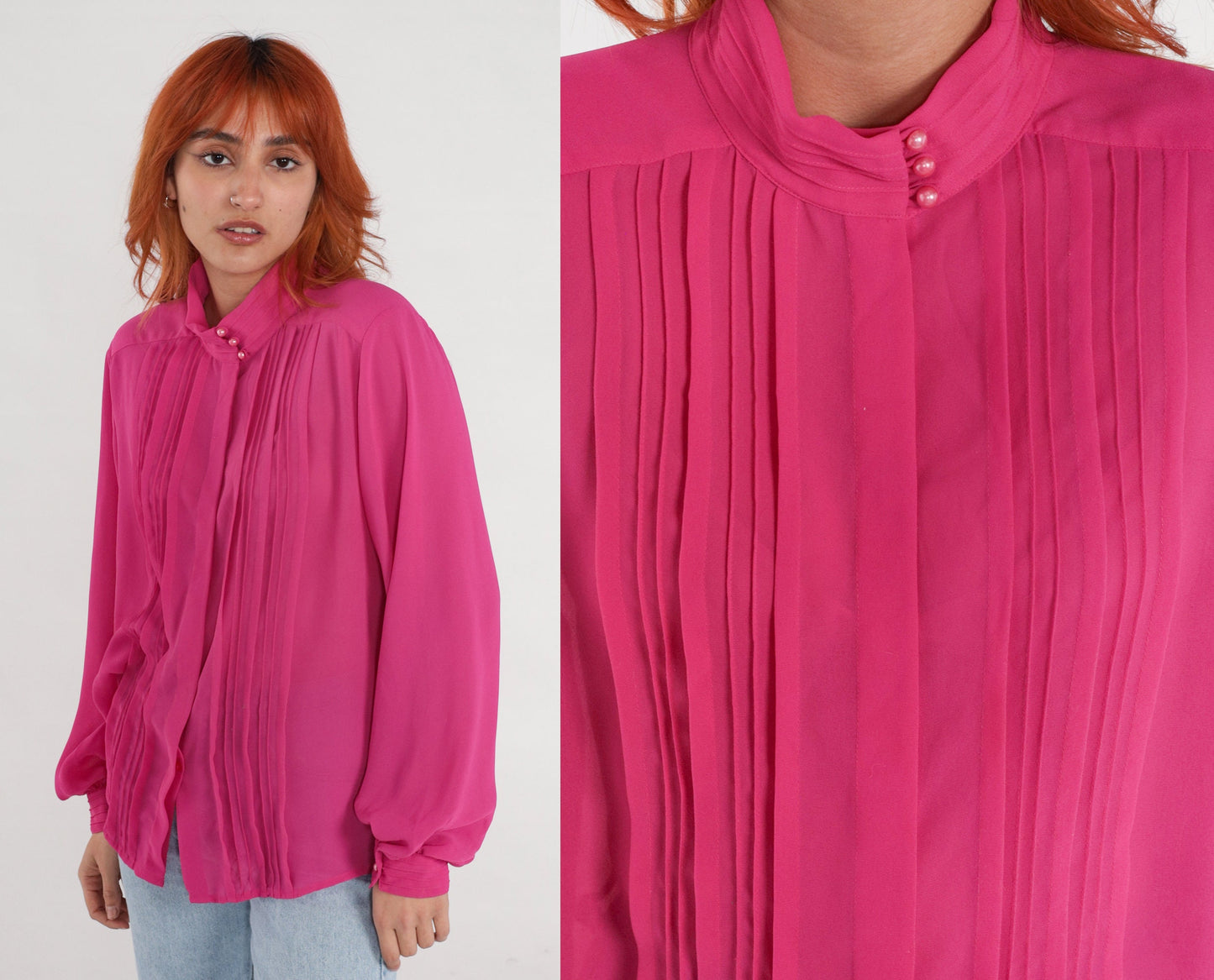 80s Fuchsia Chiffon Blouse Long Sleeve Pleated Button Up Medium Large