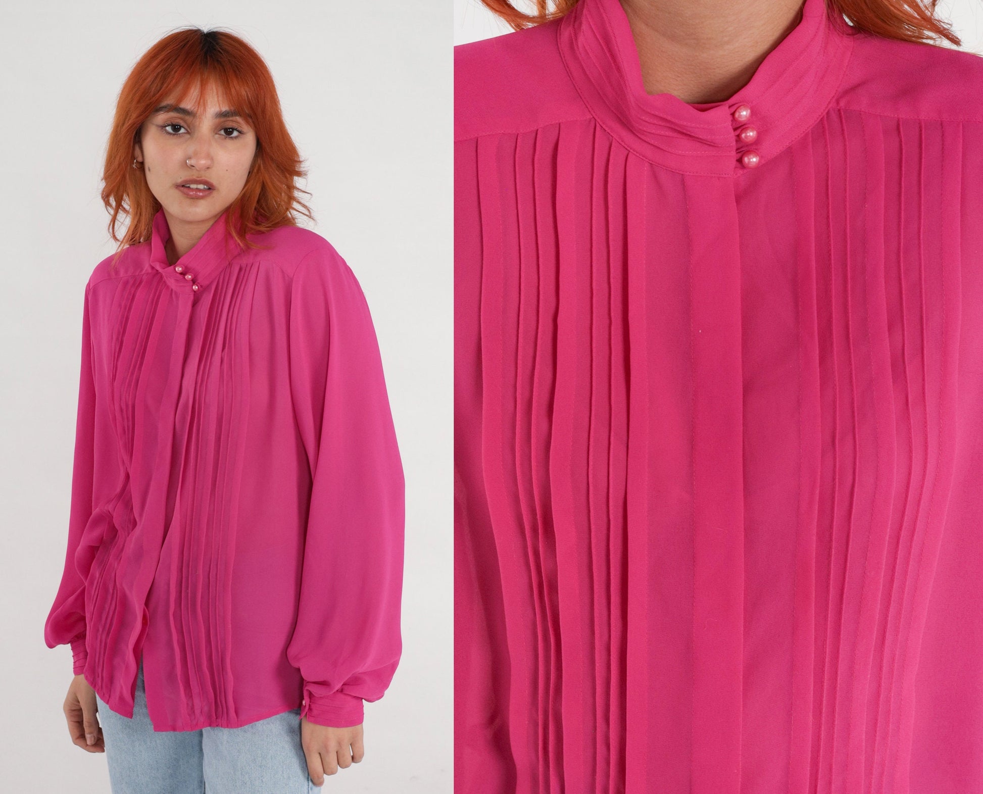 80s Fuchsia Chiffon Blouse Long Sleeve Pleated Button Up Medium Large