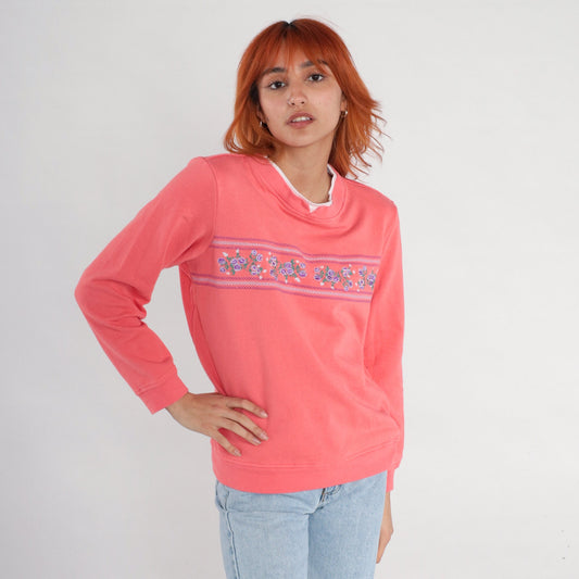 90s Salmon Pink Floral Embroidered Sweatshirt Double Collar Medium