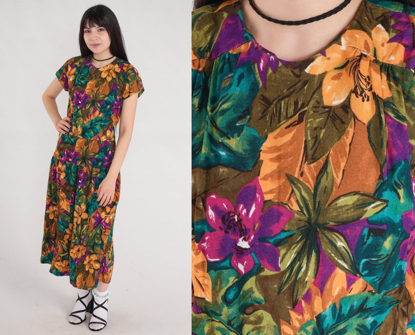 90s Tropical Floral Midi Dress Keyhole Back Short Sleeve Purple Green Yellow Medium 8