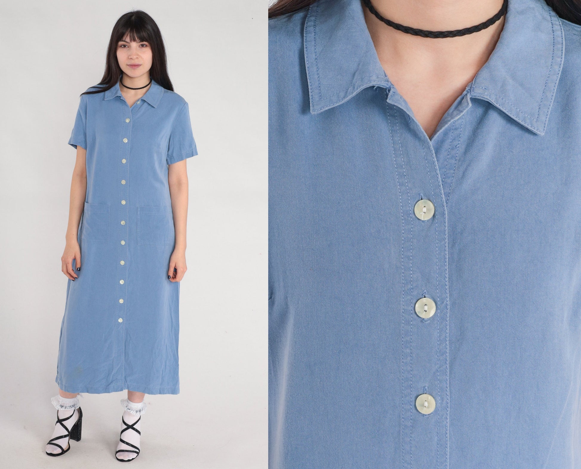 Y2K Talbots Blue Tencel Midi Shirt Dress Button-Up Pockets Medium 8