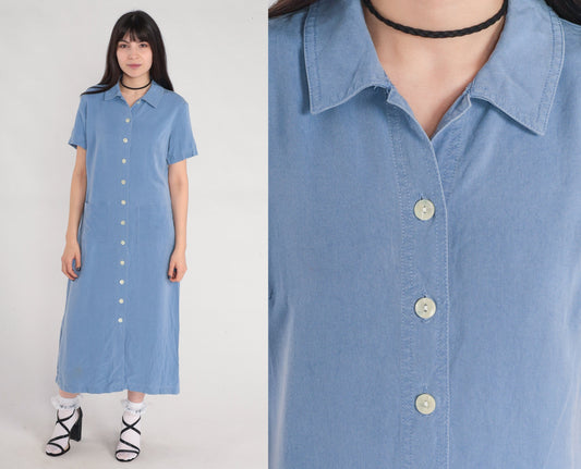 Y2K Talbots Blue Tencel Midi Shirt Dress Button-Up Pockets Medium 8