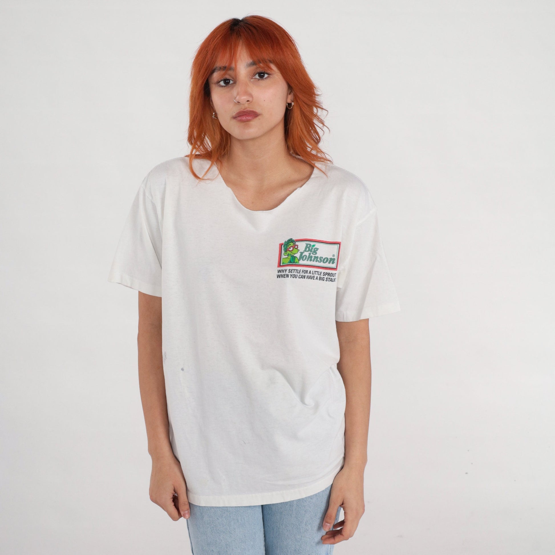 90s Big Johnson Graphic T-Shirt Green Peas Spoof Large L