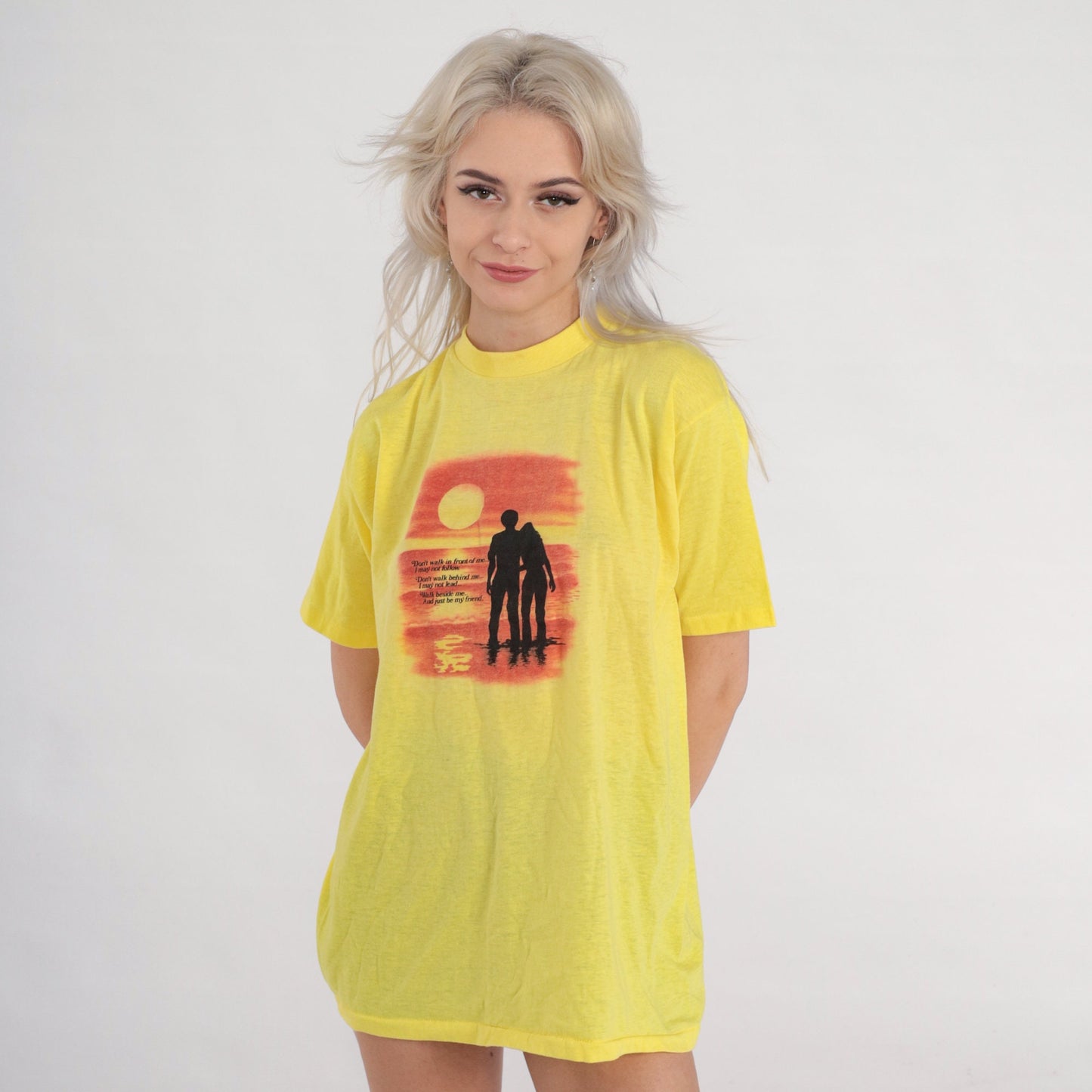 80s Albert Camus Quote Friendship T-Shirt Yellow Graphic Single Stitch Extra Large