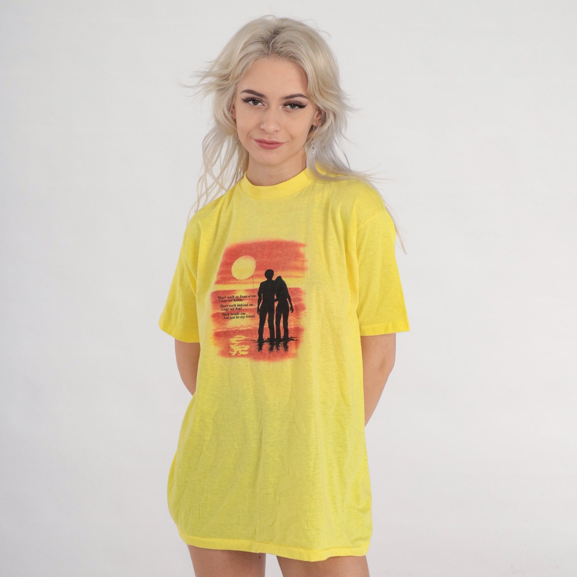 80s Albert Camus Quote Friendship T-Shirt Yellow Graphic Single Stitch Extra Large