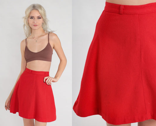 60s Red Wool A-Line Mini Skirt High Waisted Rear Zip XXS
