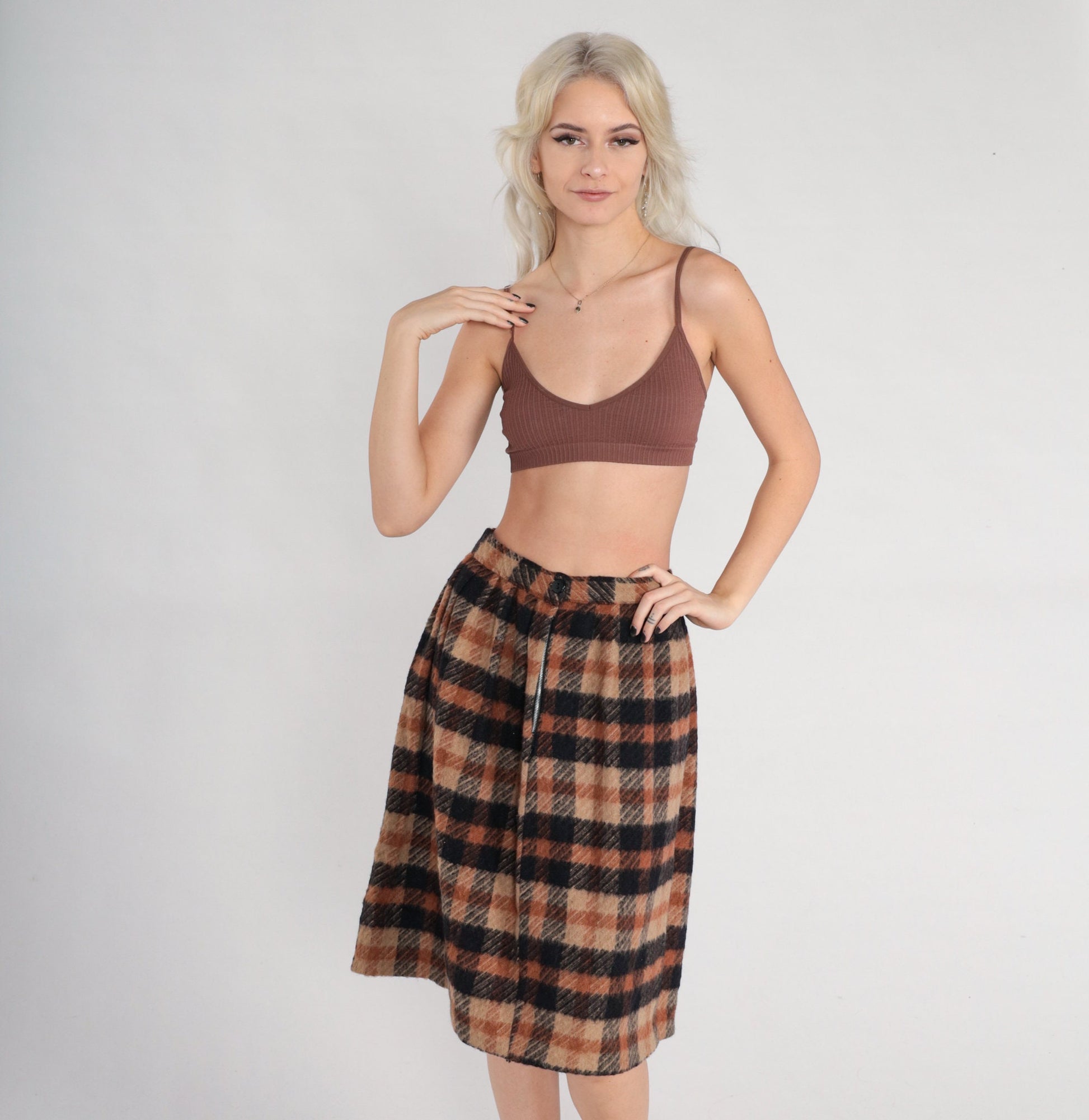 70s Brown Black Plaid Pleated Knee-Length Skirt High Waist Small