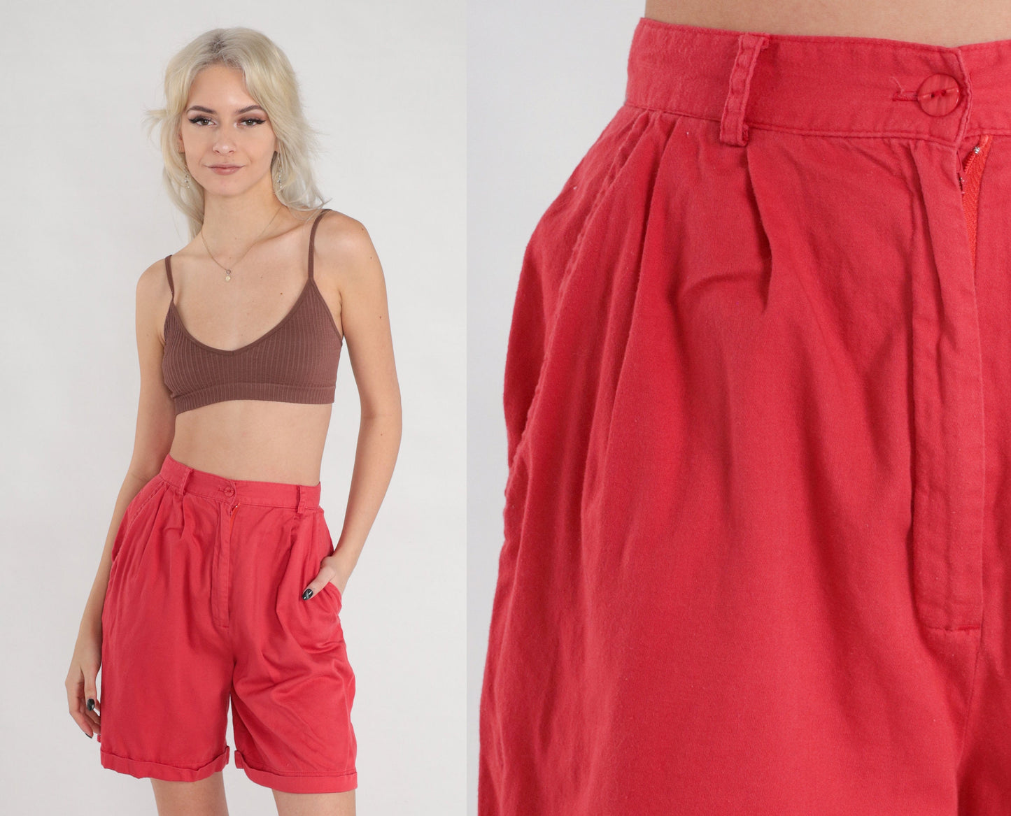 80s Red Pleated High-Waist Shorts Cotton Cuffed Extra Small XS