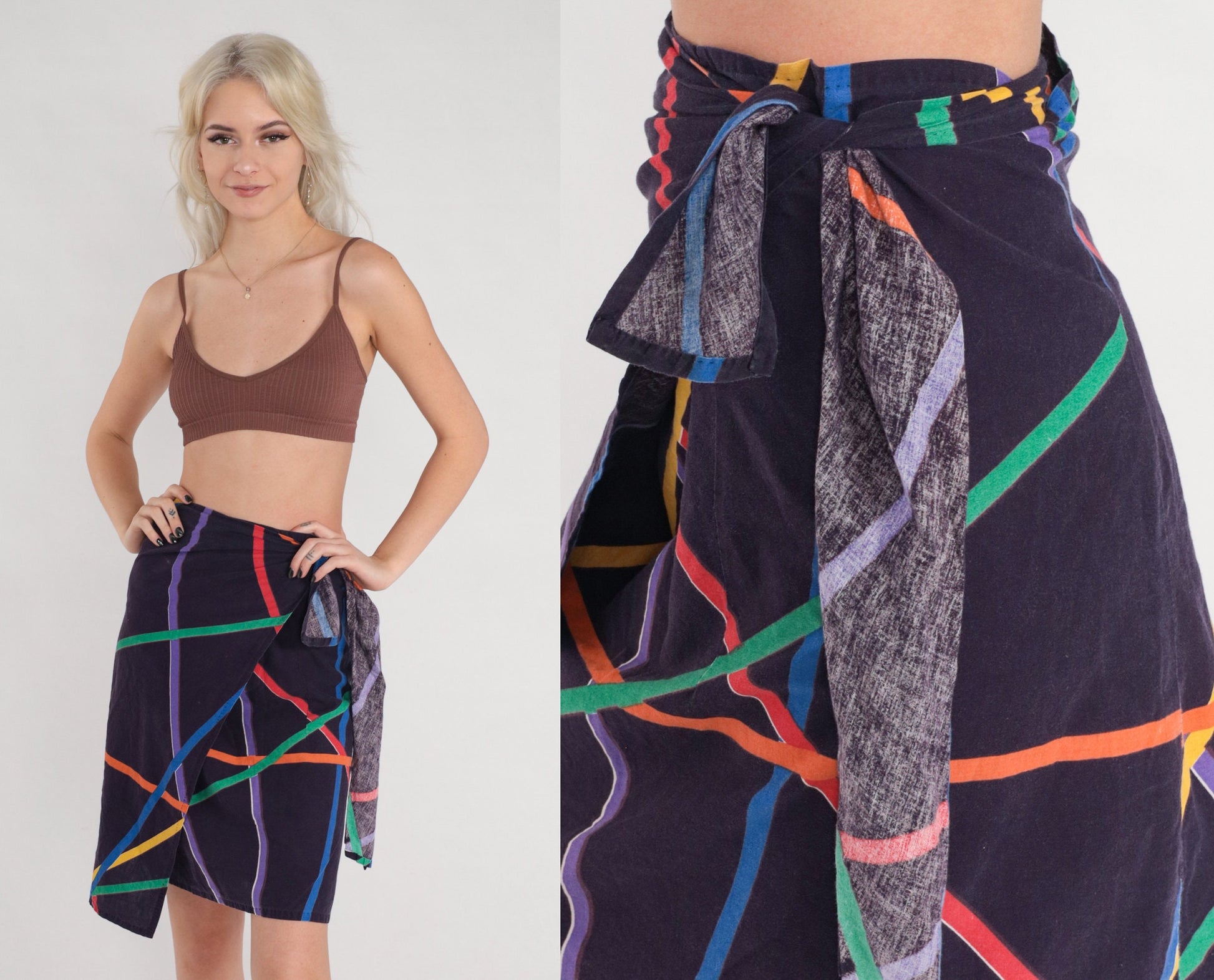 80s Navy Striped Abstract Mini Wrap Skirt Multicolor Small S