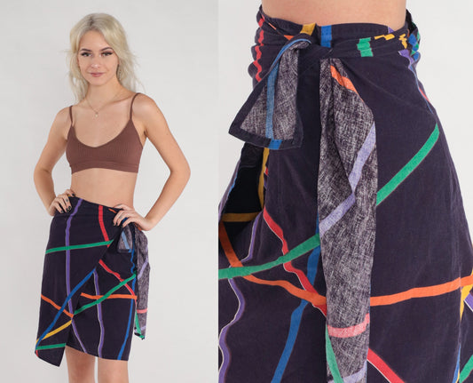 80s Navy Striped Abstract Mini Wrap Skirt Multicolor Small S
