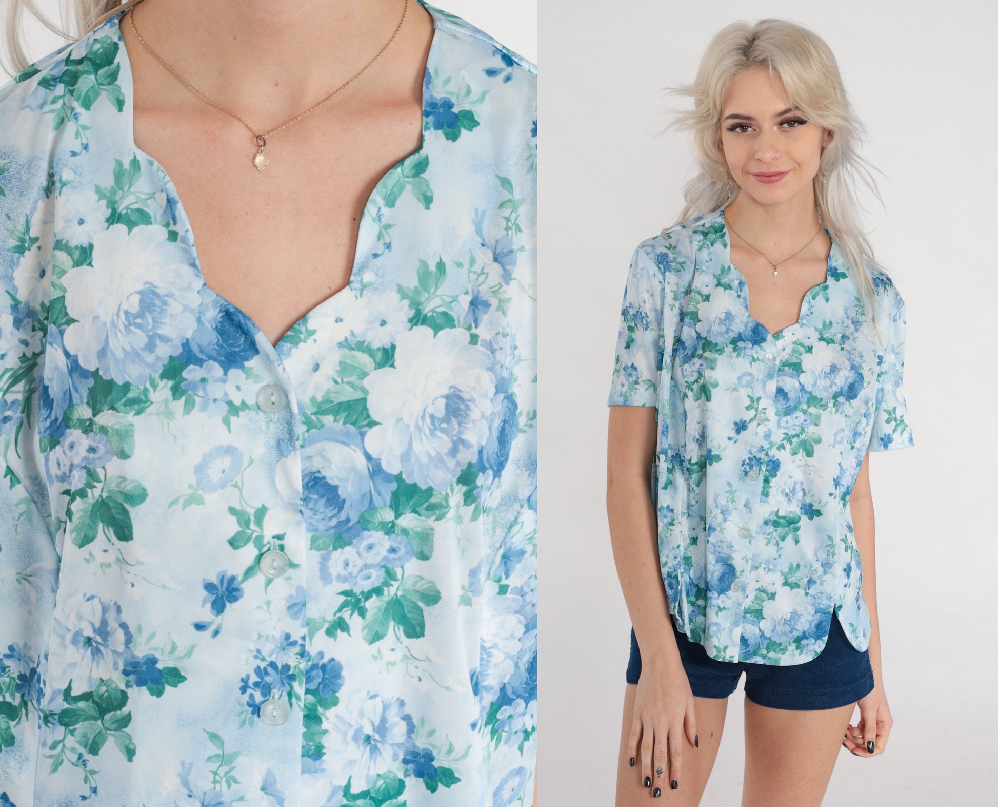 00s Blue Floral Rose Print Button Up Blouse Scalloped V Neck Short Sleeve Large
