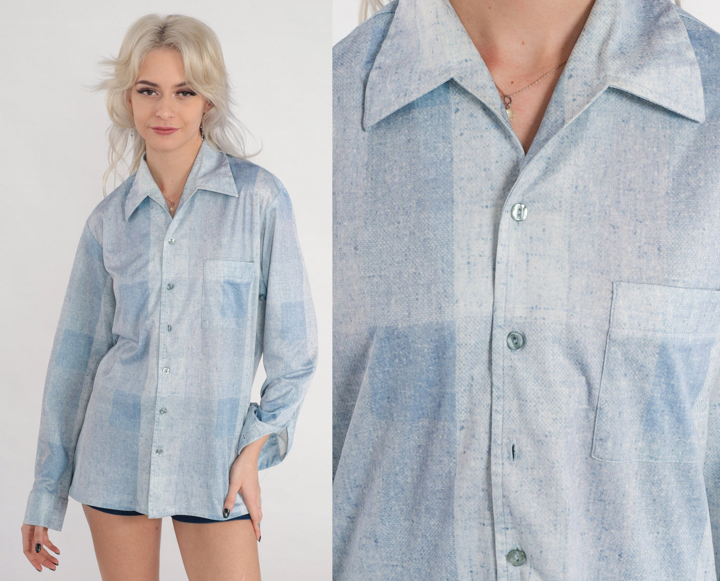 70s Joel Light Blue Checkered Button-Up Shirt Long Sleeve Collared Medium