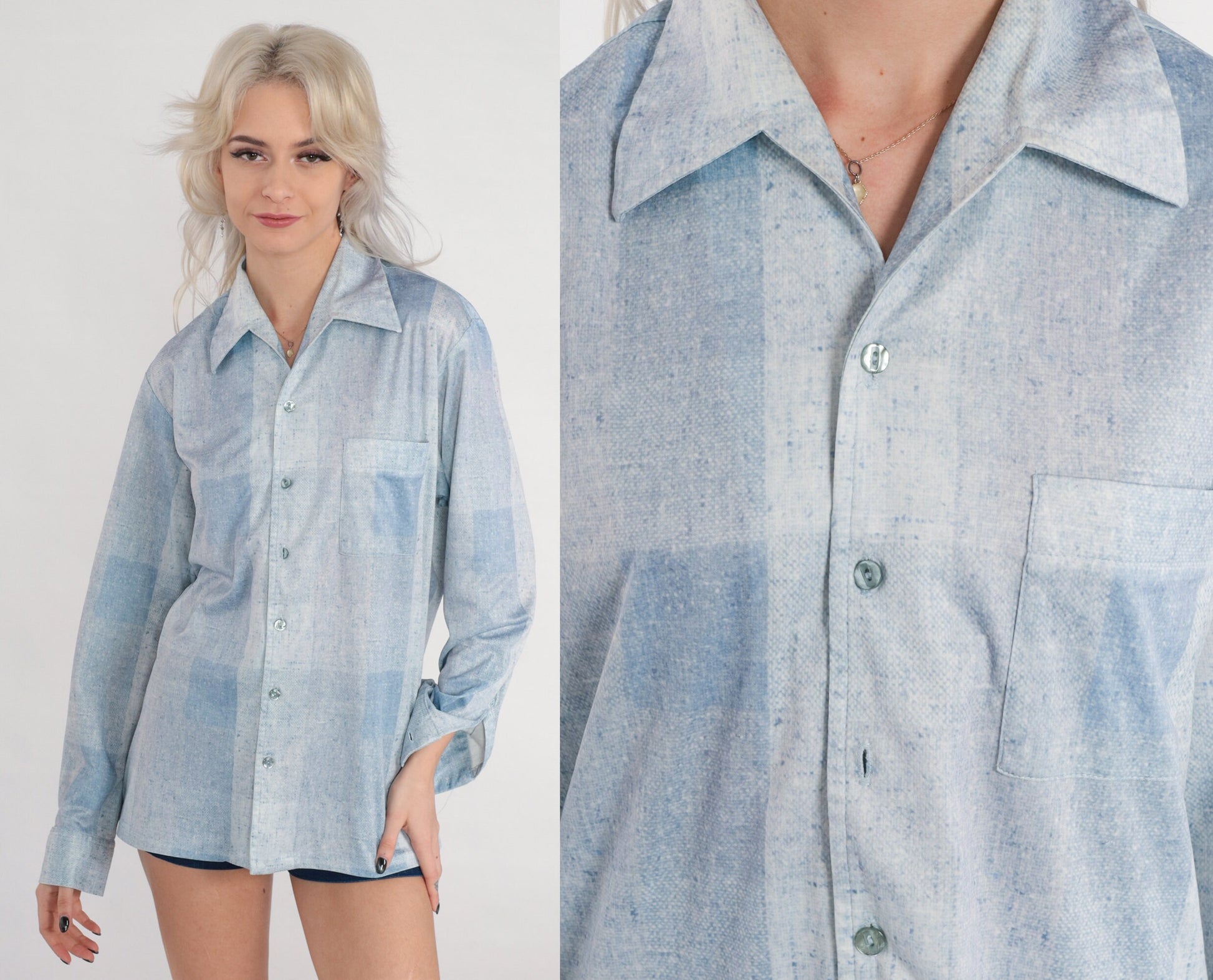 70s Joel Light Blue Checkered Button-Up Shirt Long Sleeve Collared Medium