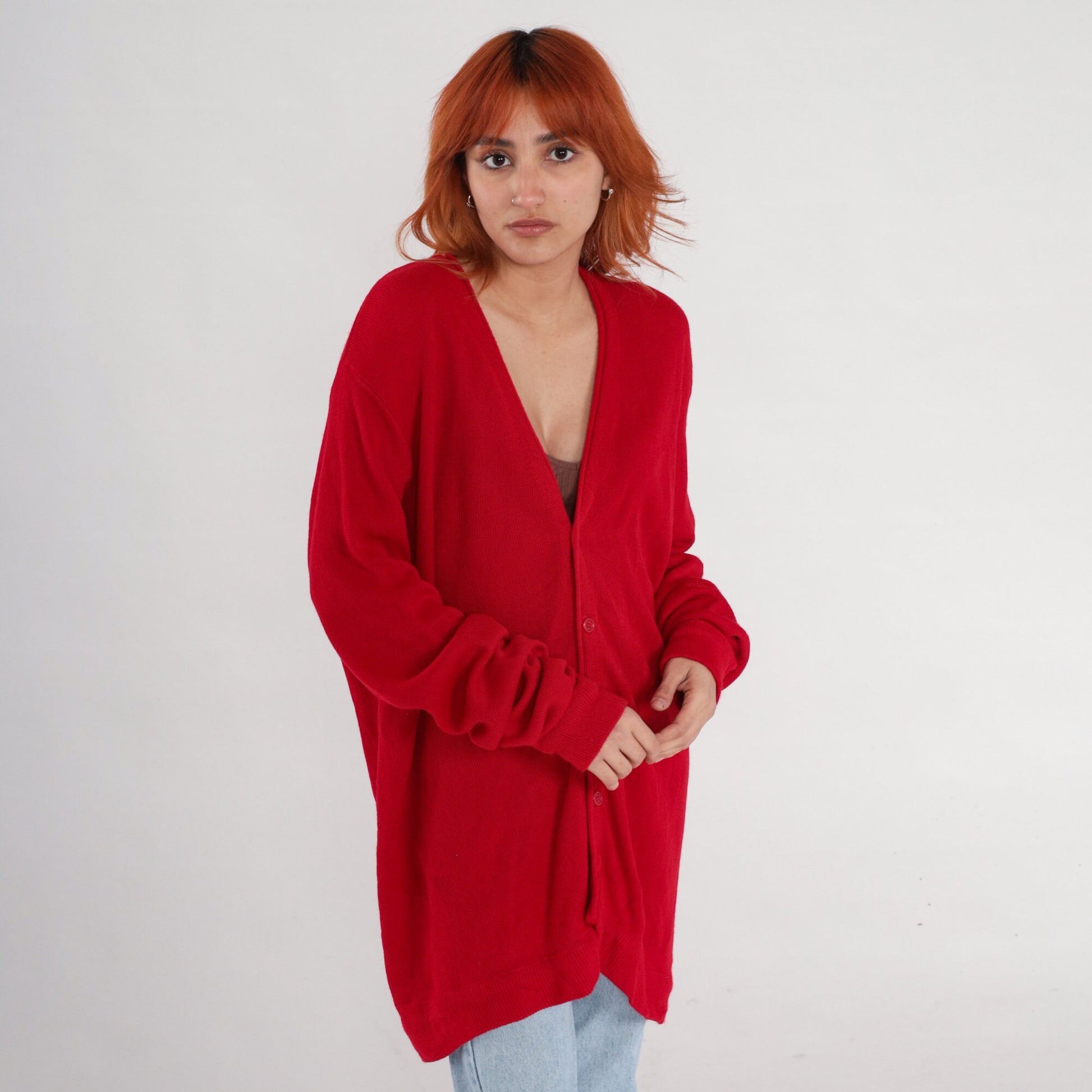 80s Red Cardigan V-Neck Knit Button-Up Sweater Extra Large XL