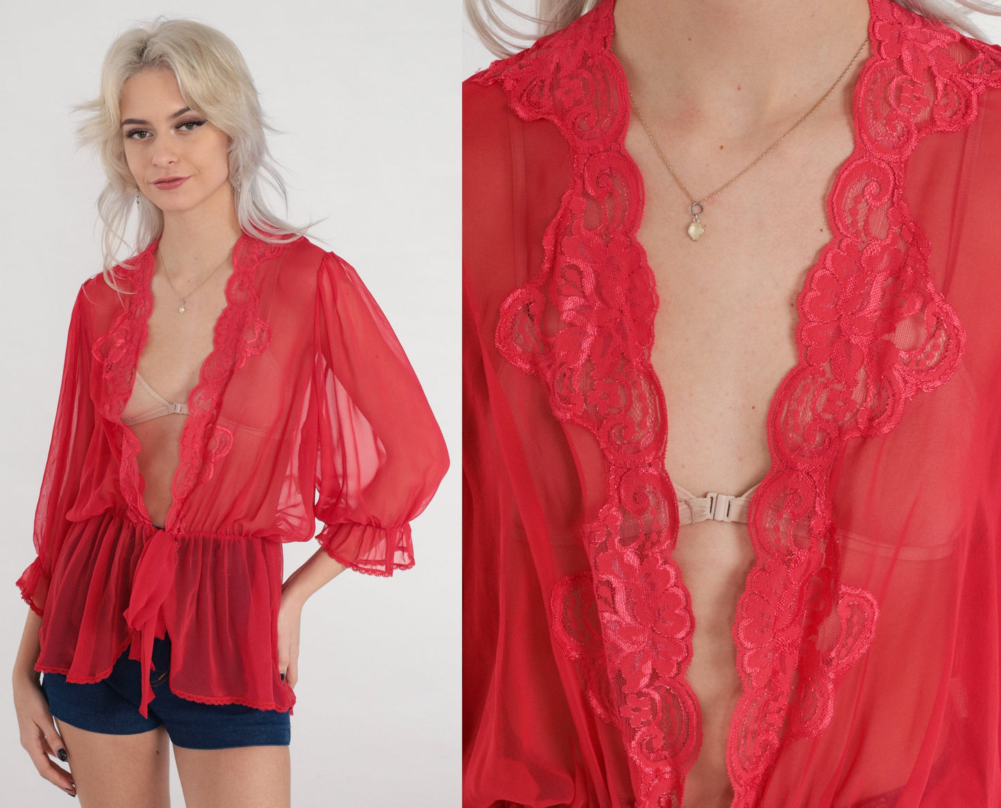 70s Red Sheer Bed Jacket Lace Trim Tie Front 3/4 Sleeve Small