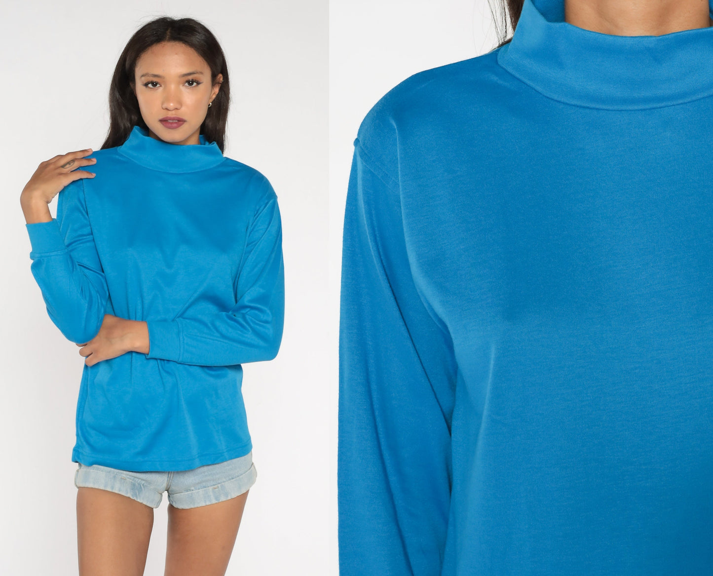 90s Blue Turtleneck Long Sleeve Pullover Cotton Blend Large L