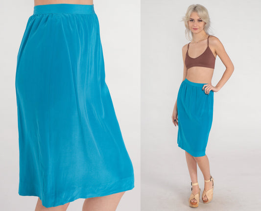 80s Blue Silk Skirt High Waist Straight Knee Length Extra Small