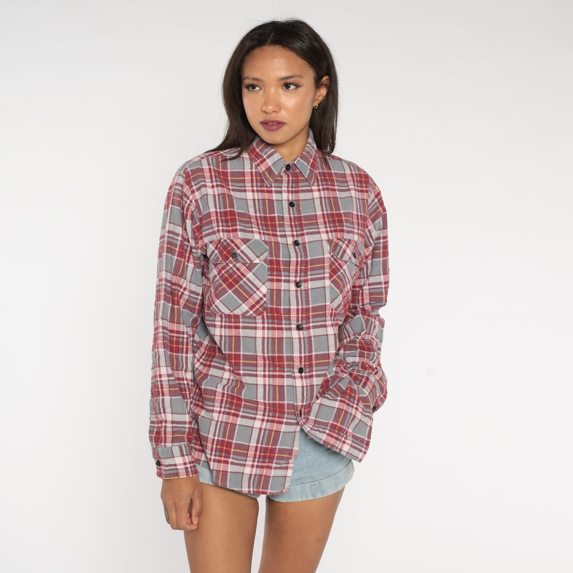90s Red Grey Plaid Flannel Shirt Button Up Long Sleeve Medium