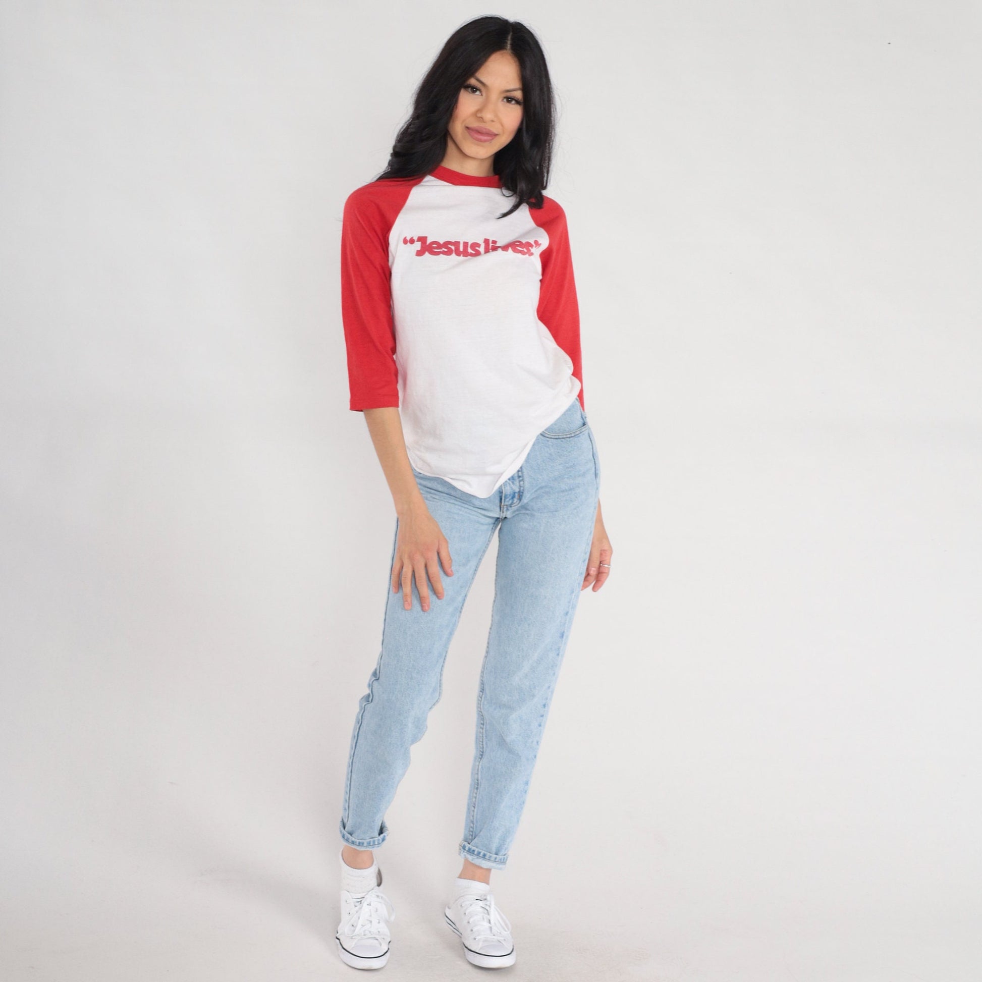 80s Jesus Lives Ringer Tee Raglan Sleeve White Red Graphic Small