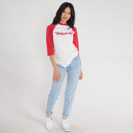80s Jesus Lives Ringer Tee Raglan Sleeve White Red Graphic Small