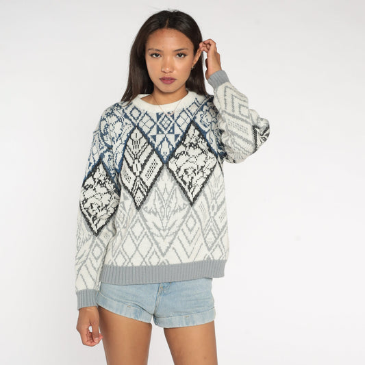 90s Geometric Abstract Jacquard Knit Sweater White Crewneck Small