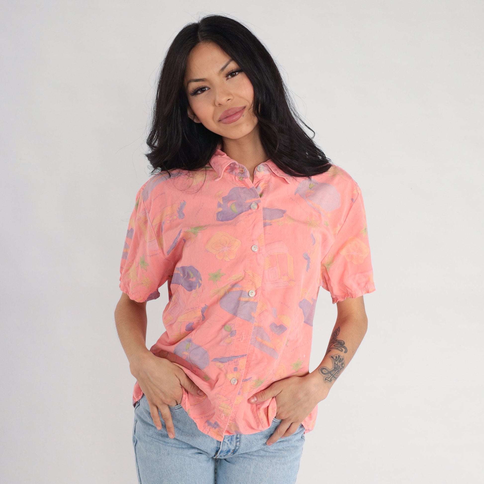 Y2K Fresh Produce Tropical Floral Pink Button-Up Shirt Short Sleeve Large L