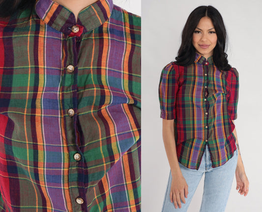 80s The Villager Checkered Blouse Puff Sleeve Button Up Red Green Purple Extra Small XS
