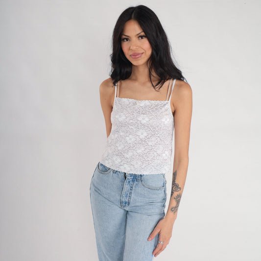 00s White Lace Camisole Spaghetti Strap Floral Trim Tank Medium