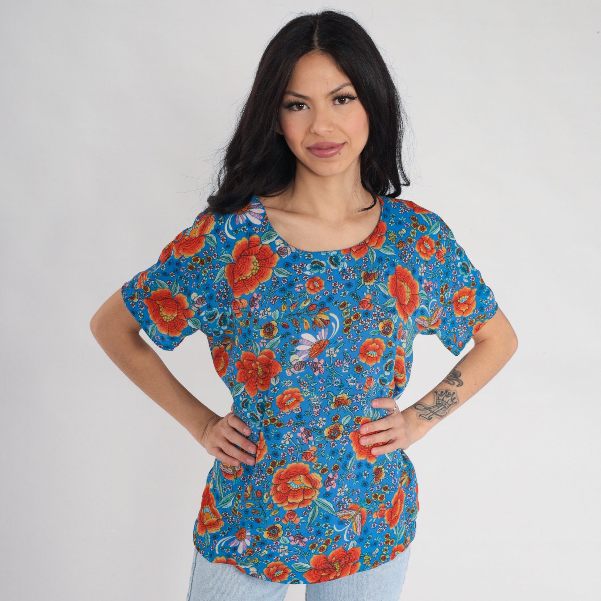 Y2K Blue Orange Floral Blouse Short Sleeve Keyhole Clasp Top Medium
