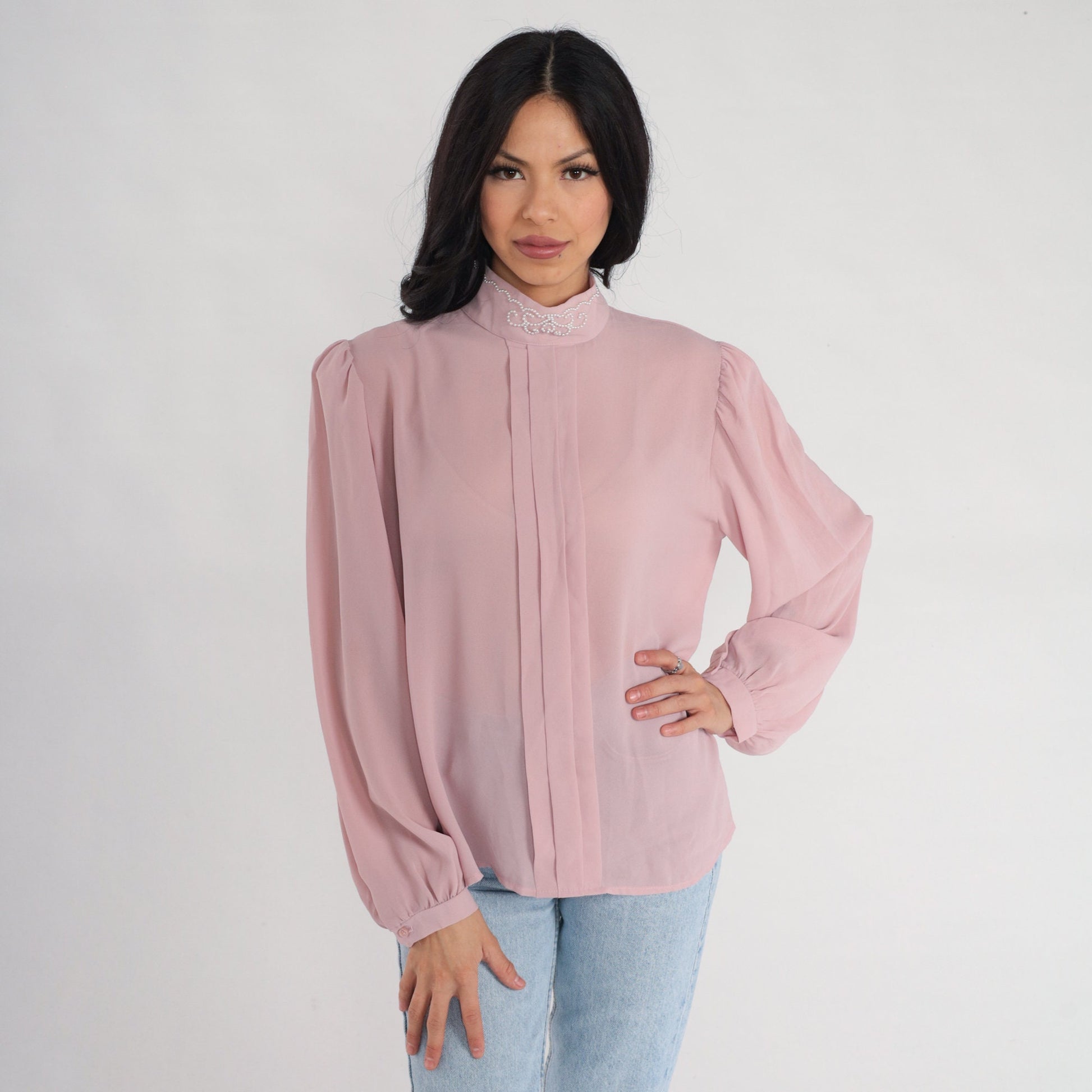 80s Pink Chiffon Blouse Puff Sleeve Beaded Pleated Mock Neck Large L