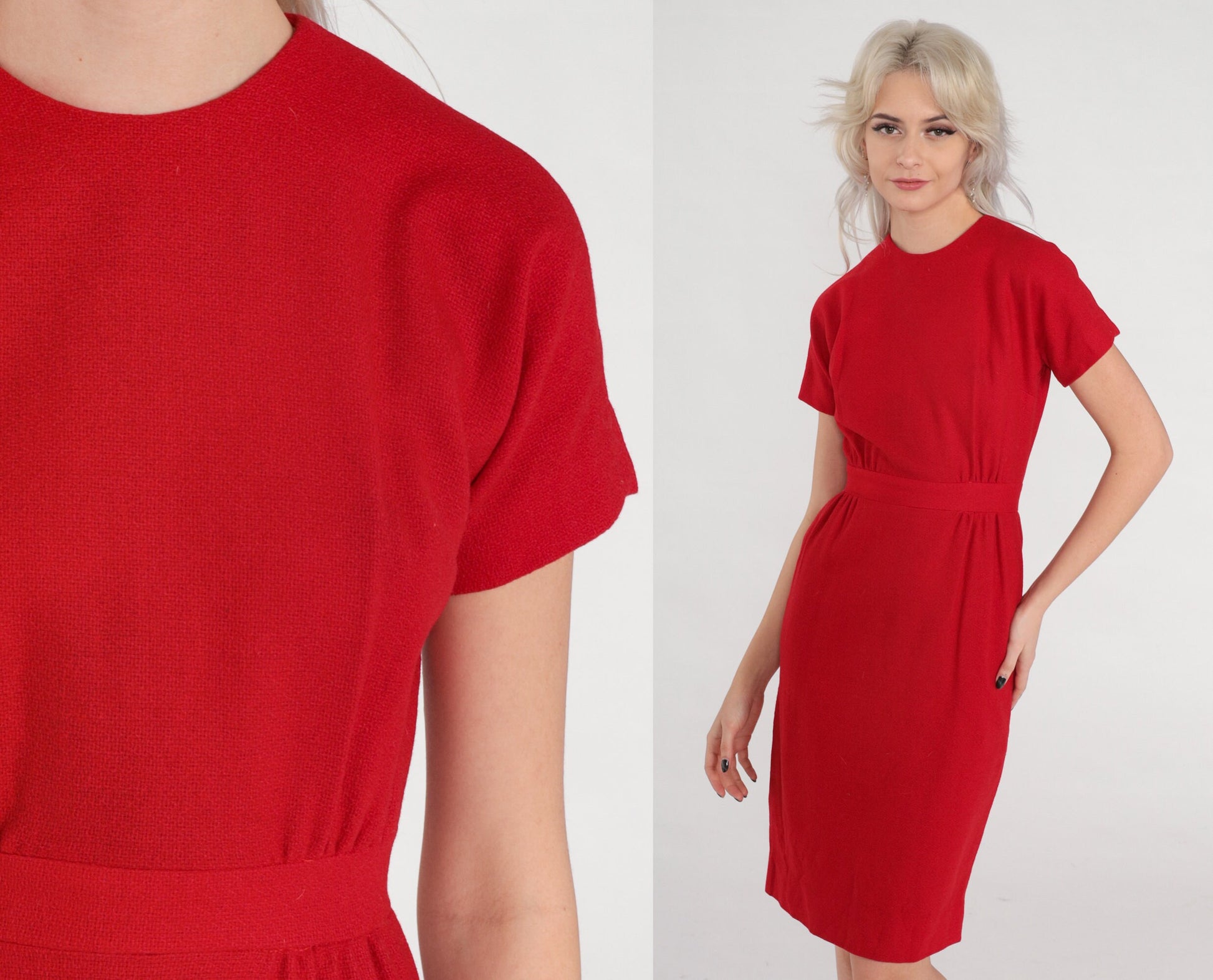 60s Red Wool Pencil Dress High Waisted Knee Length Short Sleeve Extra Small XS