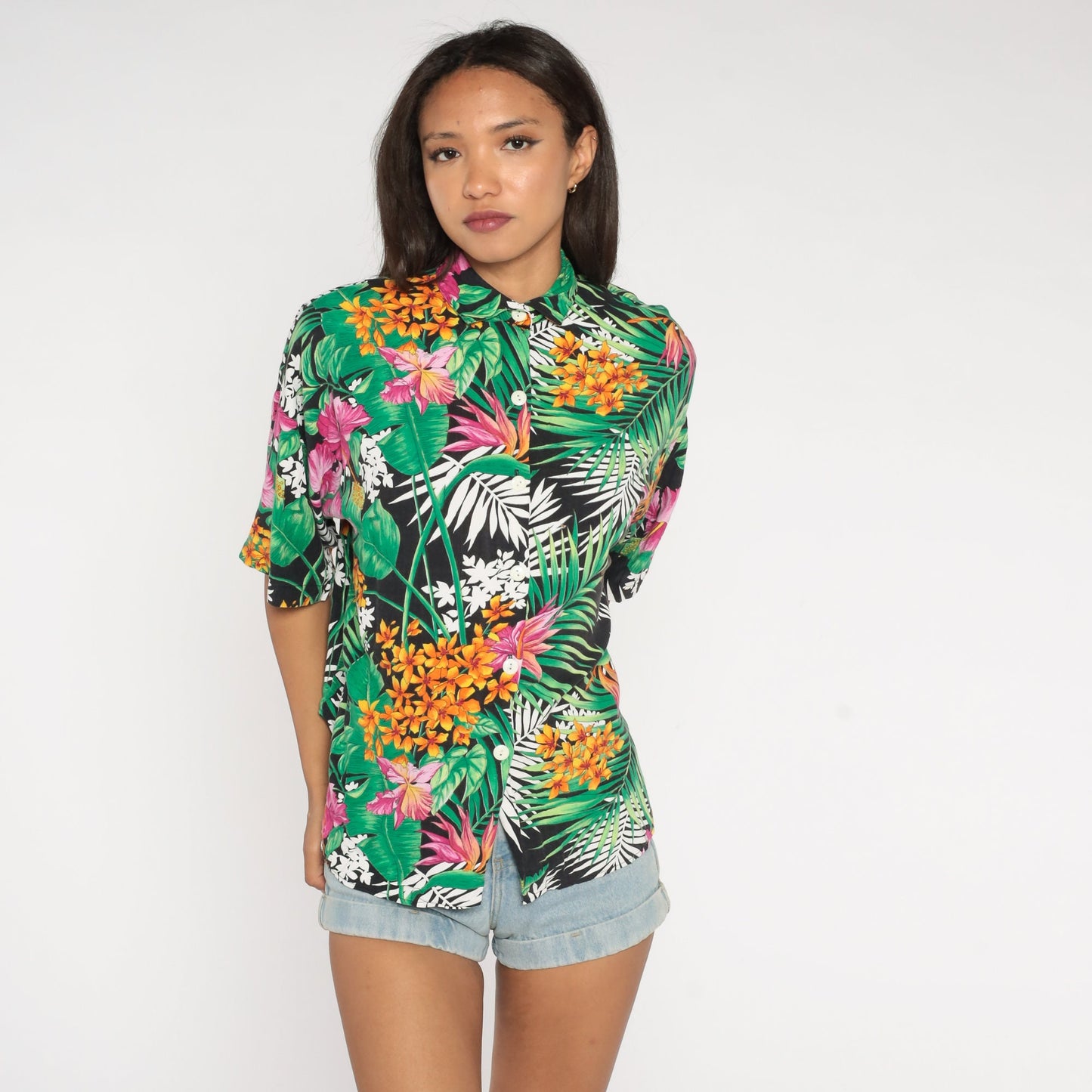 90s Tropical Floral Rayon Button-Up Shirt Green Botanical Short Sleeve Large L