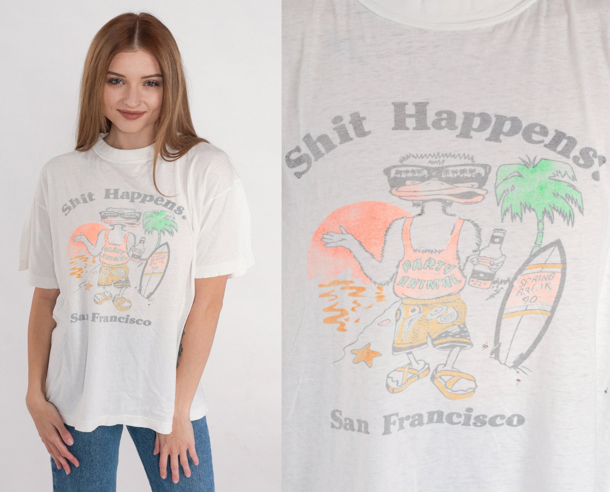90s Shit Happens San Francisco Duck Graphic T-Shirt White Single Stitch Large