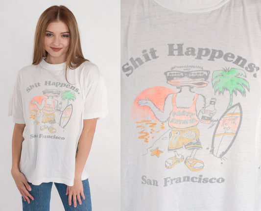 90s Shit Happens San Francisco Duck Graphic T-Shirt White Single Stitch Large