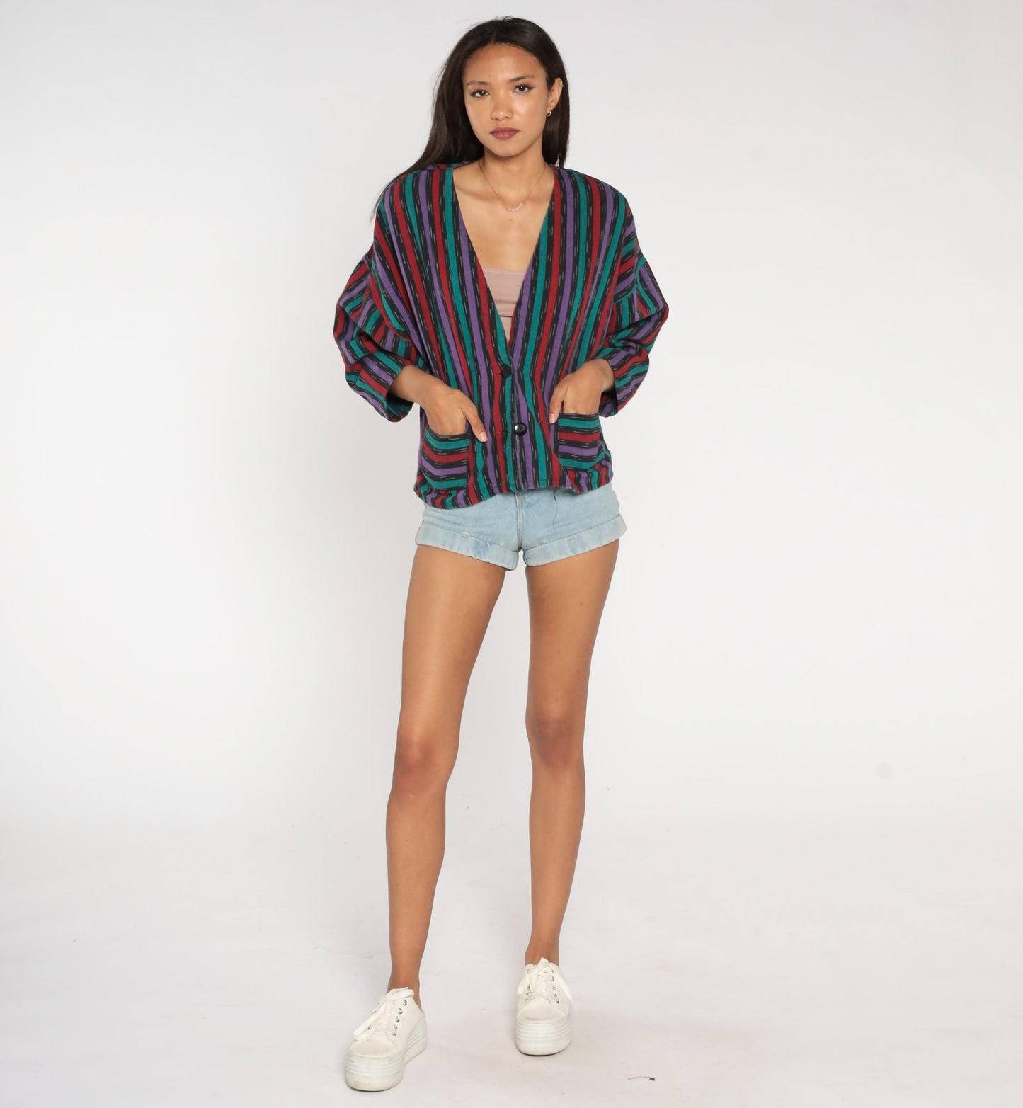 90s Striped Cotton Blazer Deep V-Neck Button Jacket Medium